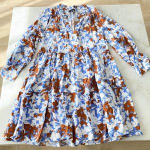 EnTHREAD floral print tiered relaxed fit dress (blue white tan / brown) sleeves